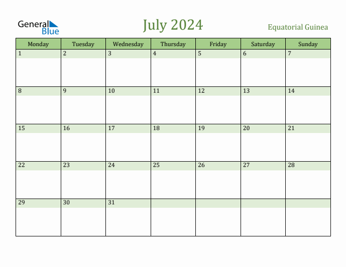 July 2024 Calendar with Equatorial Guinea Holidays