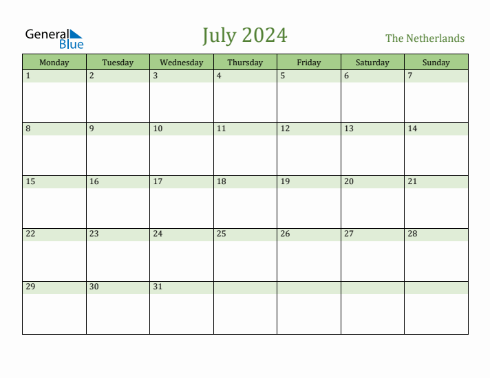 July 2024 Calendar with The Netherlands Holidays