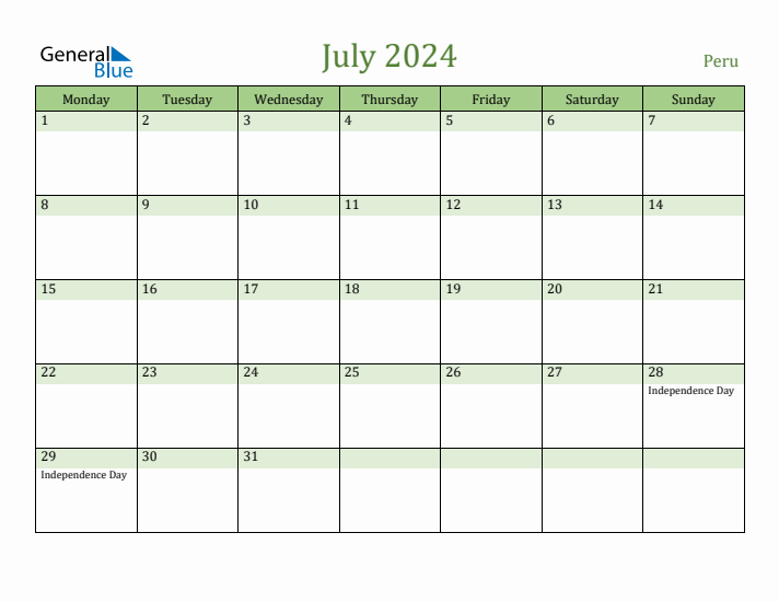 July 2024 Calendar with Peru Holidays