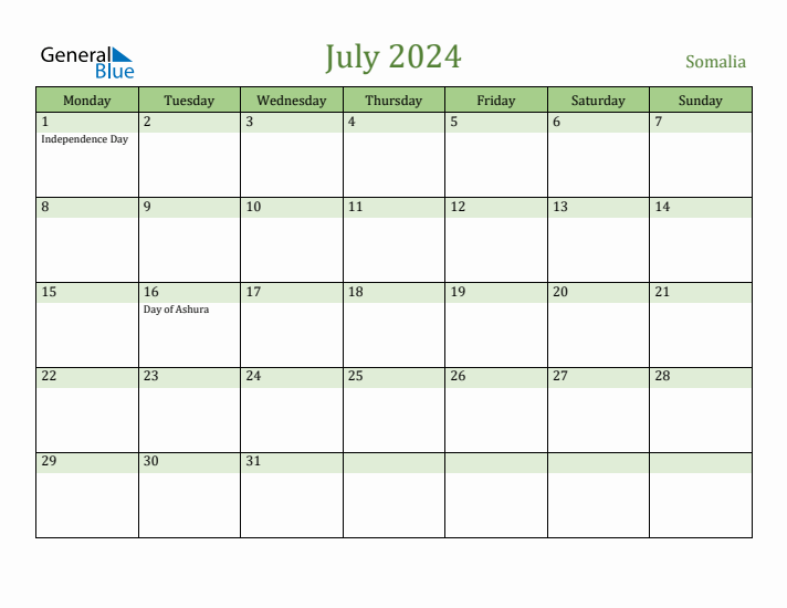 July 2024 Calendar with Somalia Holidays