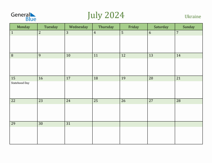 July 2024 Calendar with Ukraine Holidays