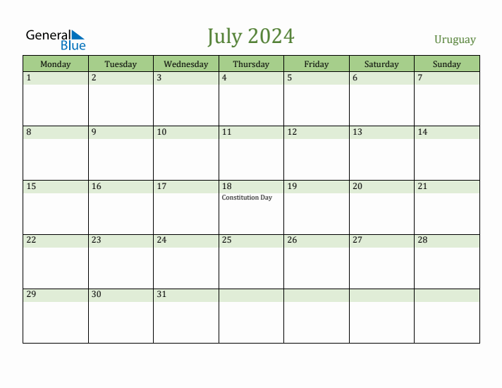 July 2024 Calendar with Uruguay Holidays