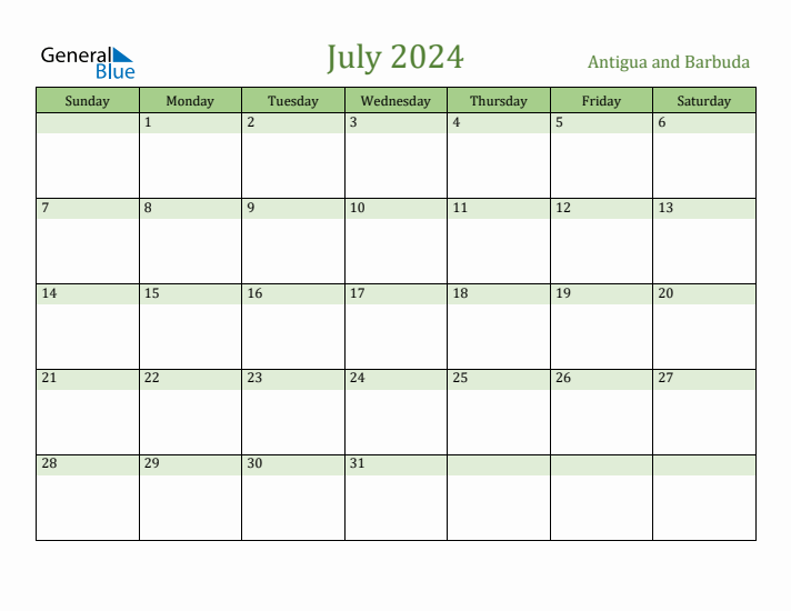 July 2024 Calendar with Antigua and Barbuda Holidays