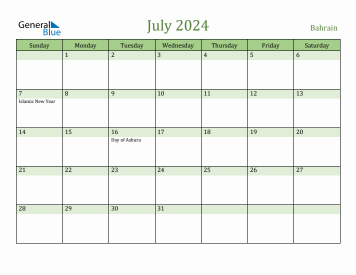 July 2024 Calendar with Bahrain Holidays