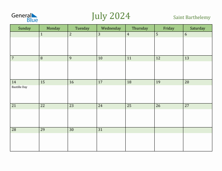 July 2024 Calendar with Saint Barthelemy Holidays