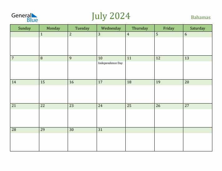 July 2024 Calendar with Bahamas Holidays