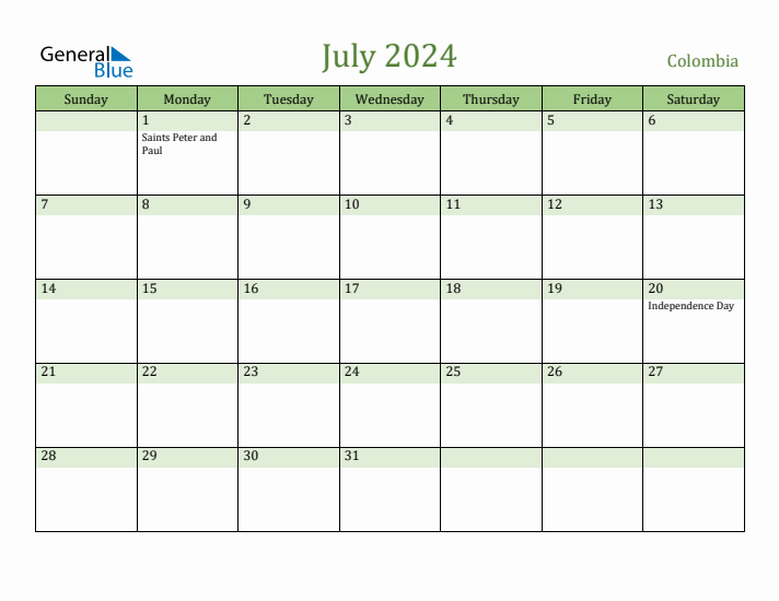 July 2024 Calendar with Colombia Holidays