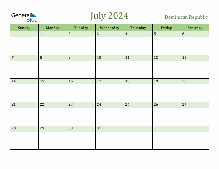 July 2024 Calendar with Dominican Republic Holidays