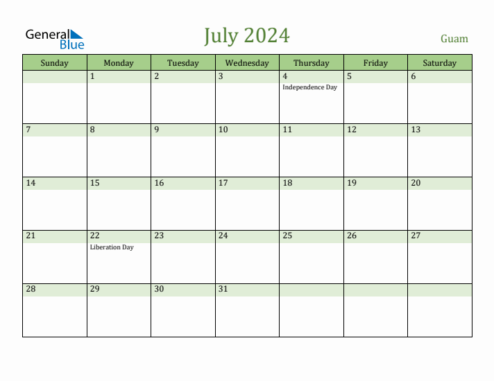 July 2024 Calendar with Guam Holidays