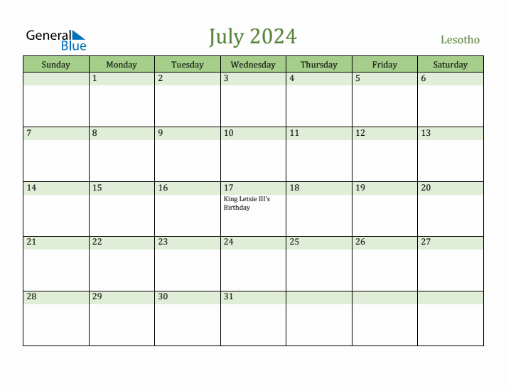 July 2024 Calendar with Lesotho Holidays