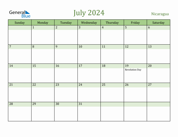 July 2024 Calendar with Nicaragua Holidays