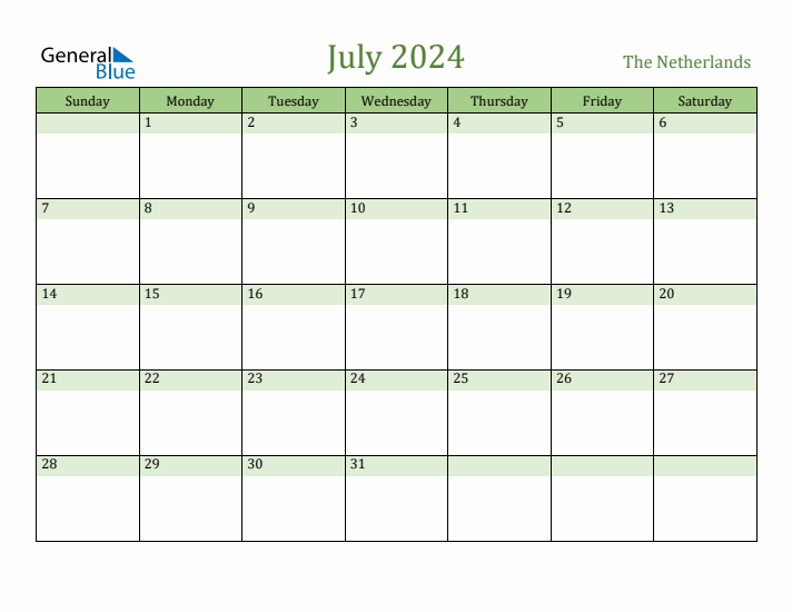 July 2024 Calendar with The Netherlands Holidays