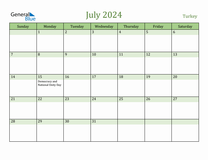 July 2024 Calendar with Turkey Holidays