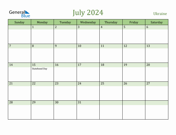 July 2024 Calendar with Ukraine Holidays