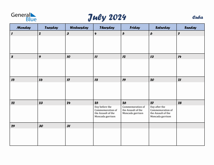 July 2024 Calendar with Holidays in Cuba