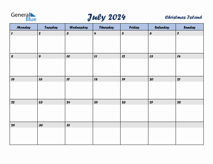 July 2024 Calendar with Holidays in Christmas Island