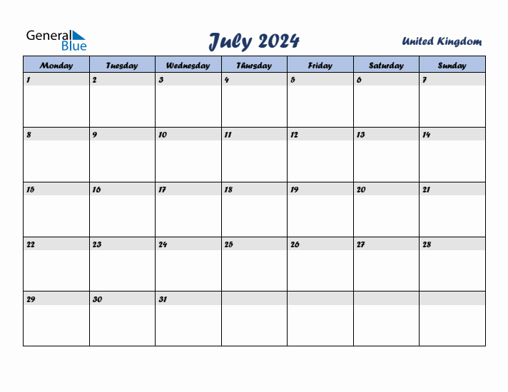 July 2024 Calendar with Holidays in United Kingdom