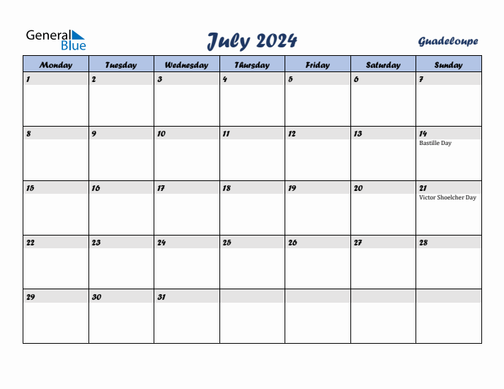 July 2024 Calendar with Holidays in Guadeloupe