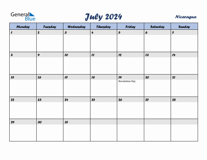 July 2024 Calendar with Holidays in Nicaragua