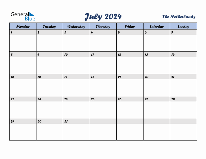 July 2024 Calendar with Holidays in The Netherlands