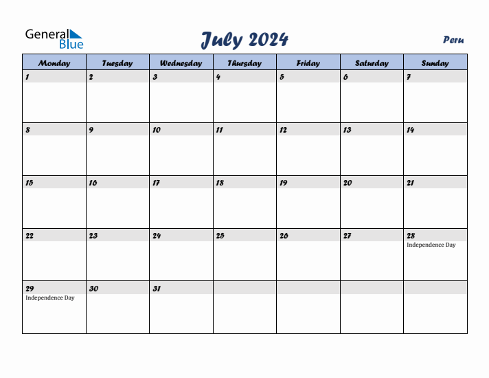 July 2024 Calendar with Holidays in Peru