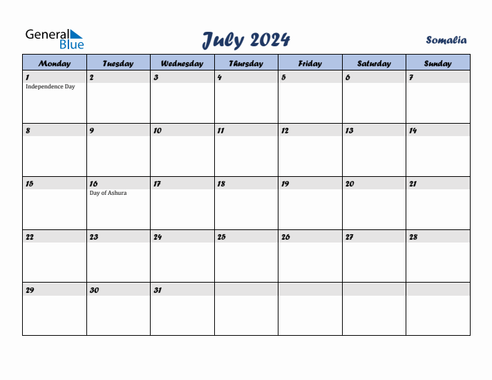 July 2024 Calendar with Holidays in Somalia