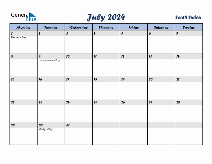 July 2024 Calendar with Holidays in South Sudan