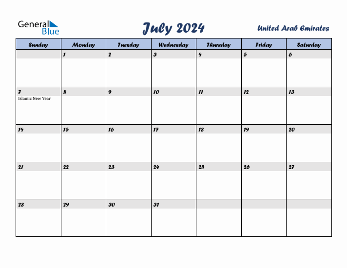 July 2024 Calendar with Holidays in United Arab Emirates