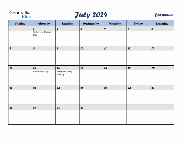 July 2024 Calendar with Holidays in Botswana