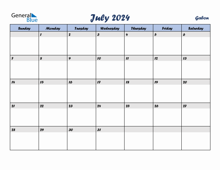 July 2024 Calendar with Holidays in Gabon