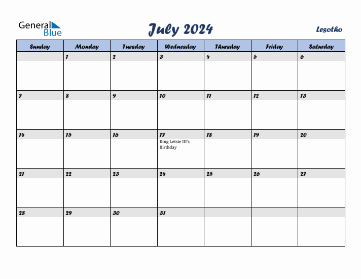 July 2024 Calendar with Holidays in Lesotho