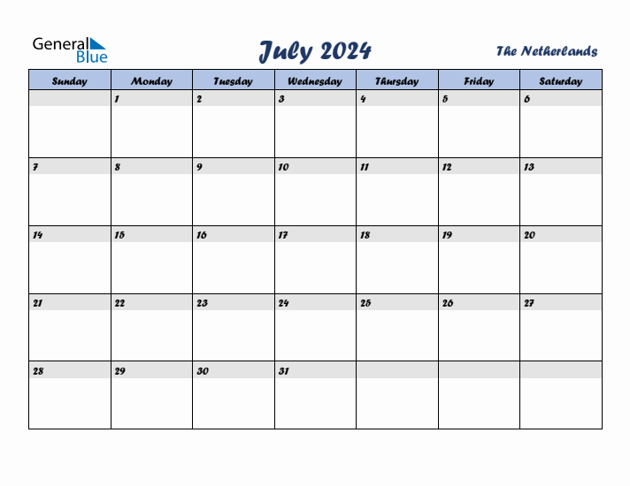 July 2024 Calendar with Holidays in The Netherlands