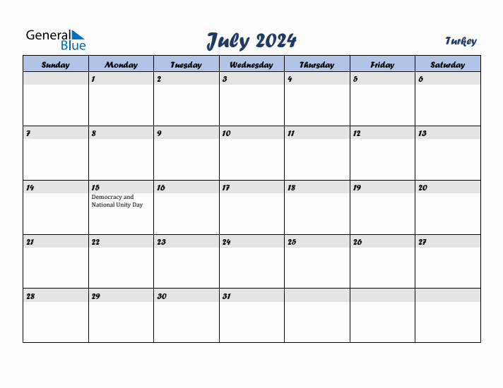 July 2024 Calendar with Holidays in Turkey