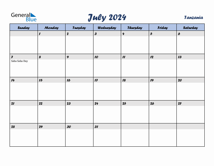 July 2024 Calendar with Holidays in Tanzania