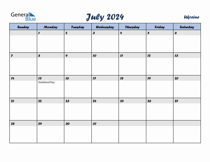 July 2024 Calendar with Holidays in Ukraine