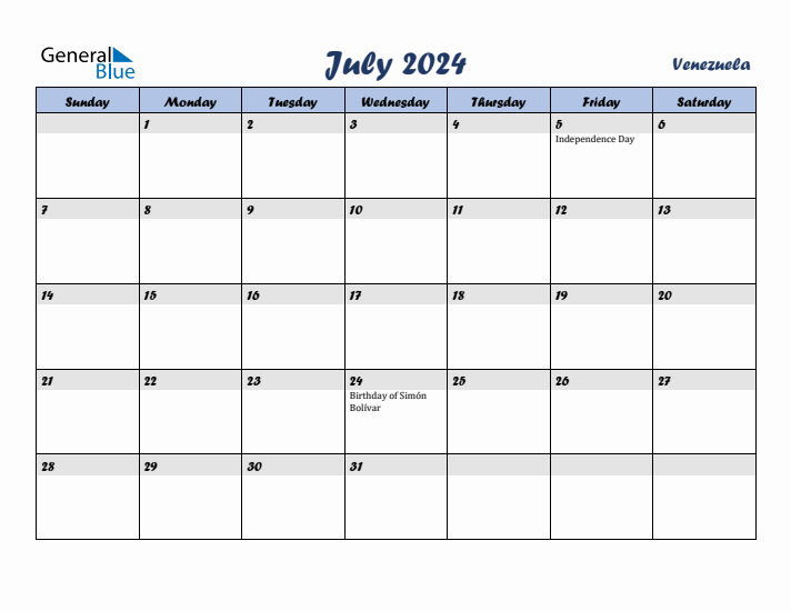 July 2024 Calendar with Holidays in Venezuela