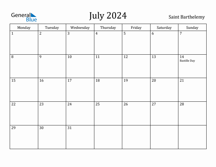 July 2024 Calendar Saint Barthelemy