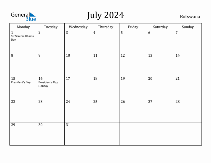 July 2024 Calendar Botswana