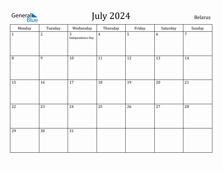 July 2024 Calendar Belarus