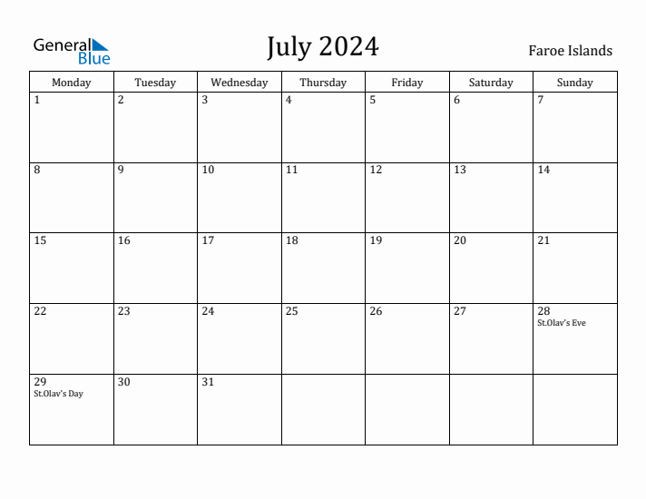 July 2024 Calendar Faroe Islands