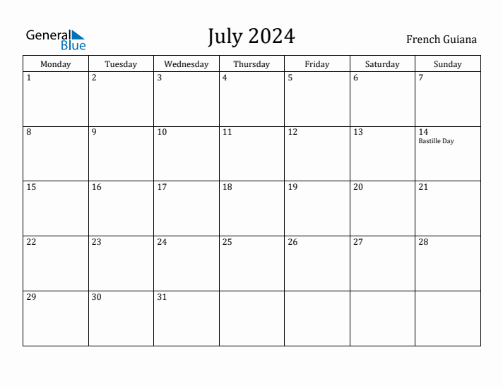 July 2024 Calendar French Guiana