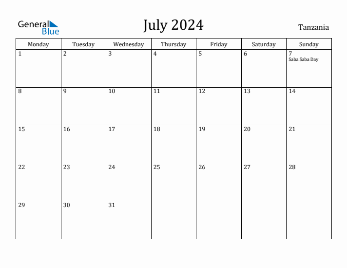 July 2024 Calendar Tanzania