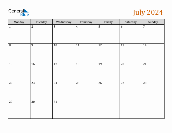 Editable July 2024 Calendar