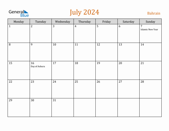 July 2024 Holiday Calendar with Monday Start