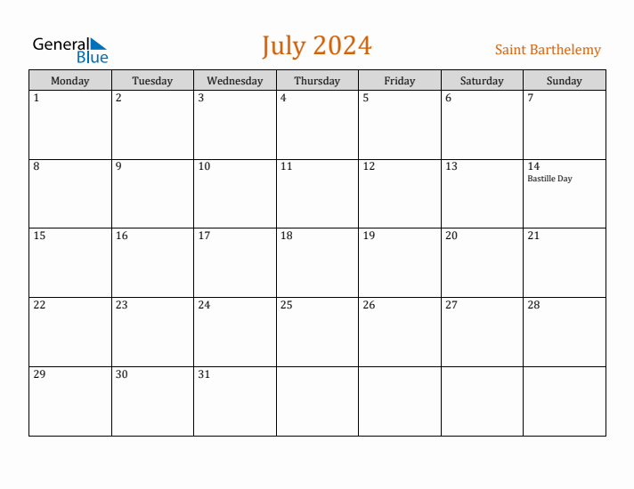 July 2024 Holiday Calendar with Monday Start