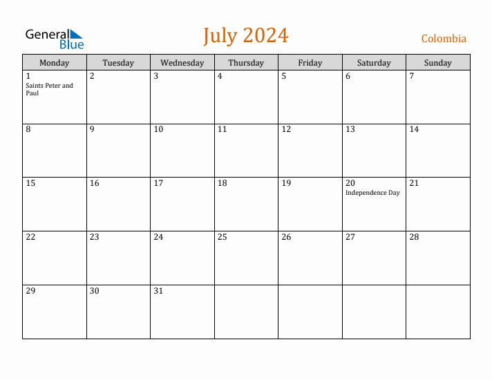 July 2024 Holiday Calendar with Monday Start