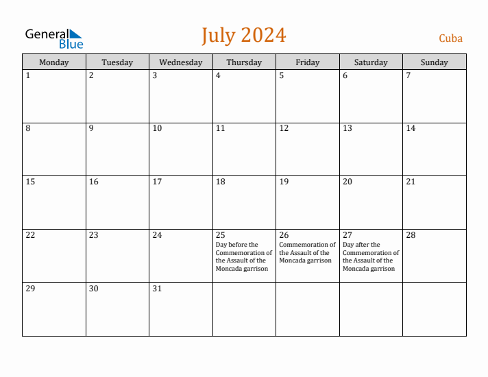 July 2024 Holiday Calendar with Monday Start