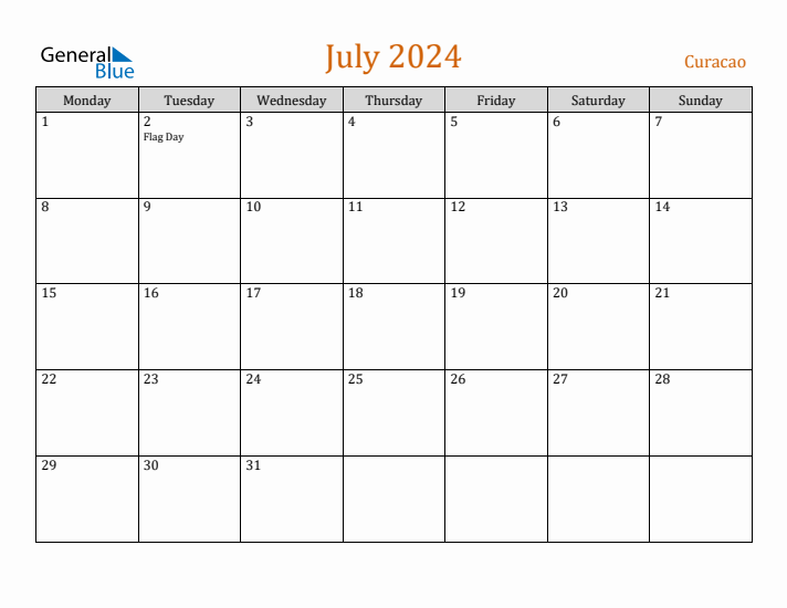 July 2024 Holiday Calendar with Monday Start