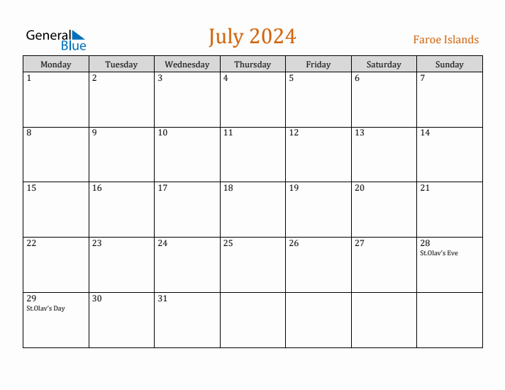 July 2024 Holiday Calendar with Monday Start