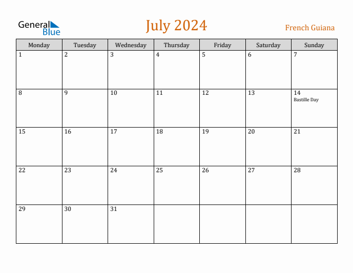 July 2024 Holiday Calendar with Monday Start